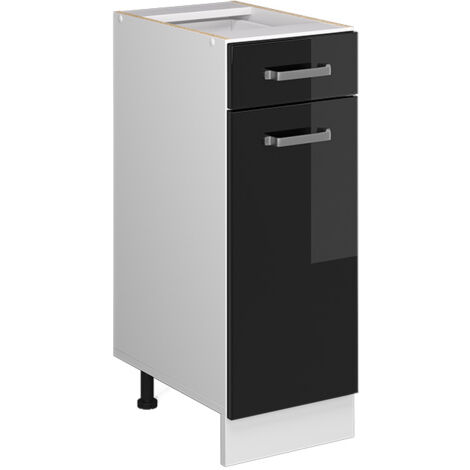 Meuble bas universel R-Line, Noir Haute brillance, 30 cm avec tiroir, sans plan de travail, Vicco
