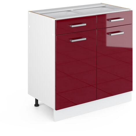 Meuble bas universel R-Line, Rouge bordeaux Haute brillance, 80 cm avec tiroirs et portes, sans plan de travail, Vicco