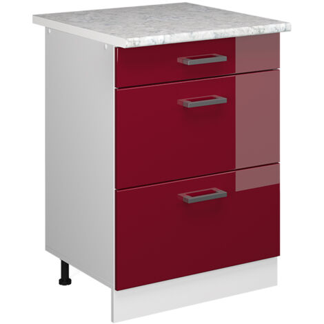 Meuble bas universel R-Line, Rouge bordeaux Haute brillance, 60 cm avec tiroirs, Vicco