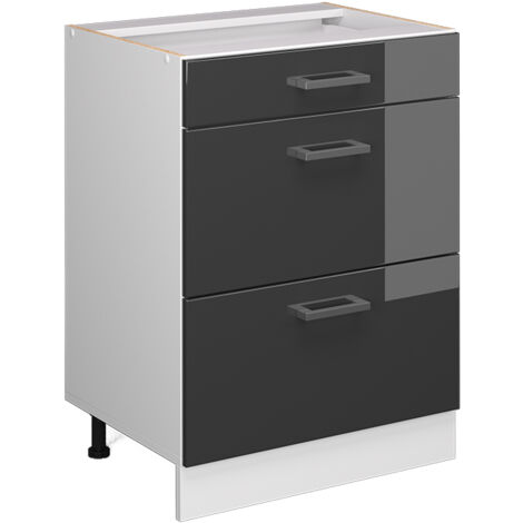 Meuble bas universel R-Line, Anthracite Haute brillance, 60 cm avec tiroirs, sans plan de travail, Vicco