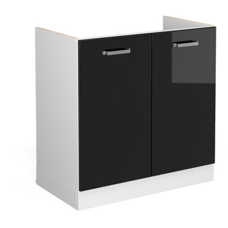 Meuble bas pour l'évier R-Line, Noir Haute brillance, 80cm avec portes, sans PT, Vicco