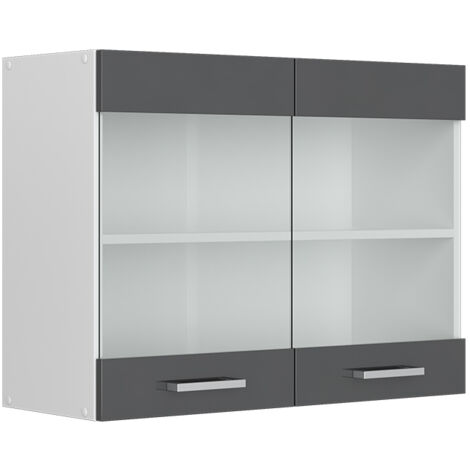 Armoire suspendue universelle R-Line, Anthracite Haute brillance, 80 cm avec portes vitrées, Vicco