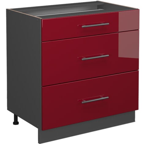 Meuble cuisine Fame-Line, Rouge bordeaux Haute brillance, 80 cm avec 3 tiroirs, sans plan de travail, Vicco