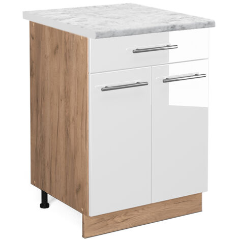 Meuble cuisine Fame-Line, Blanc Haute brillance, 60 cm avec tiroir, PT Marbre, Vicco
