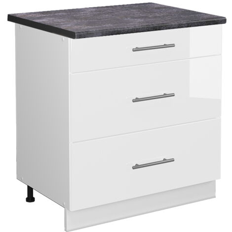 Meuble cuisine Fame-Line, Blanc Haute brillance, 80 cm avec 3 tiroirs, PT Anthracite, Vicco