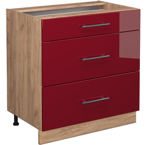 Meuble cuisine Fame-Line, Rouge bordeaux Haute brillance, 80 cm avec 3 tiroirs, sans plan de travail, Vicco