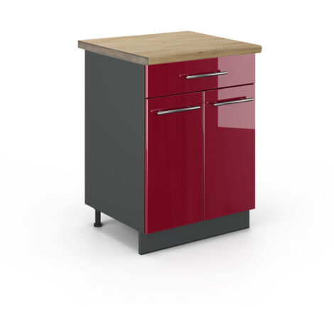 Meuble cuisine Fame-Line, Rouge bordeaux Haute brillance, 60 cm avec tiroir, PT Chêne, Vicco (1/5)