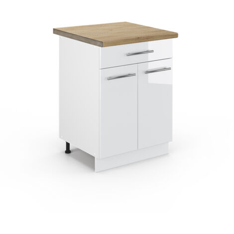 Meuble cuisine Fame-Line, Blanc Haute brillance, 60 cm avec tiroir, PT Chêne, Vicco