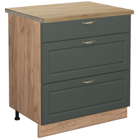 Meuble cuisine Fame-Line, Vert Or Campagne, 80 cm avec 3 tiroirs, PT Chêne, Vicco