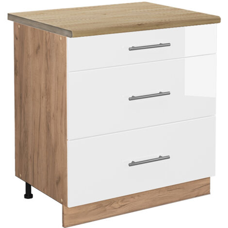 Meuble cuisine Fame-Line, Blanc Haute brillance, 80 cm avec 3 tiroirs, PT Chêne, Vicco (1/5)