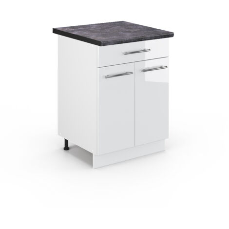 Meuble cuisine Fame-Line, Blanc Haute brillance, 60 cm avec tiroir, PT Anthracite, Vicco