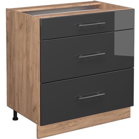Meuble cuisine Fame-Line, Anthracite Haute brillance, 80 cm avec 3 tiroirs, sans plan de travail, Vicco