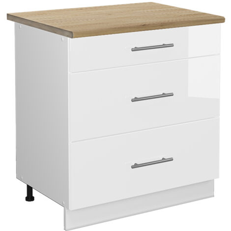 Meuble cuisine Fame-Line, Blanc Haute brillance, 80 cm avec 3 tiroirs, PT Chêne, Vicco