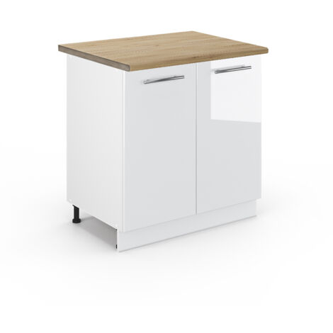 Meuble bas sous-évier Fame-Line, Blanc Haute brillance, 80 cm avec étagère, PT Chêne, Vicco