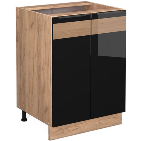 Meuble bas de cuisine Fame-Line, Chêne noir brillant, 60 cm sans plan de travail, Vicco