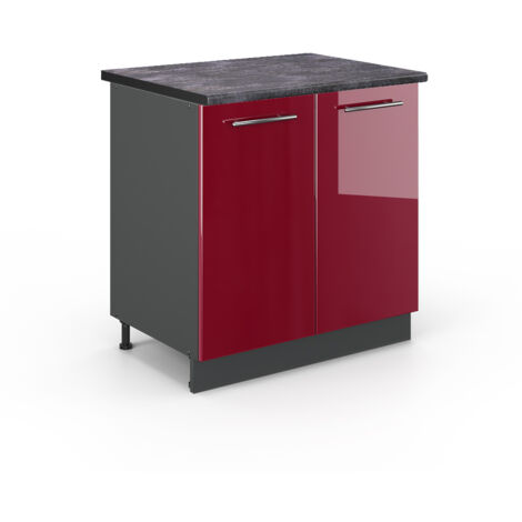 Meuble bas sous-évier Fame-Line, Rouge bordeaux Haute brillance, 80 cm avec étagère, PT Anthracite, Vicco (1/5)