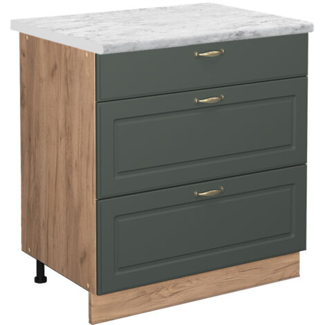 Meuble cuisine Fame-Line, Vert Or Campagne, 80 cm avec 3 tiroirs, PT Marbre, Vicco
