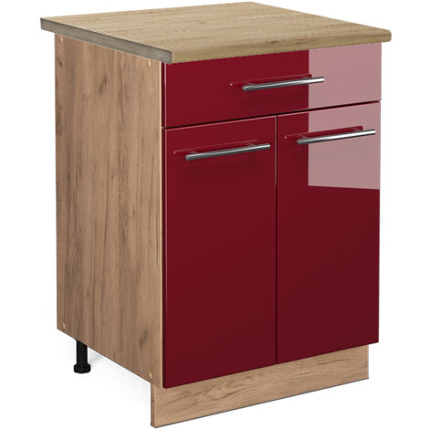 Meuble cuisine Fame-Line, Rouge bordeaux Haute brillance, 60 cm avec tiroir, PT Chêne, Vicco (1/5)