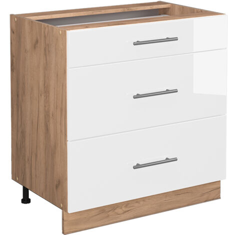 Meuble cuisine Fame-Line, Blanc Haute brillance, 80 cm avec 3 tiroirs, sans plan de travail, Vicco