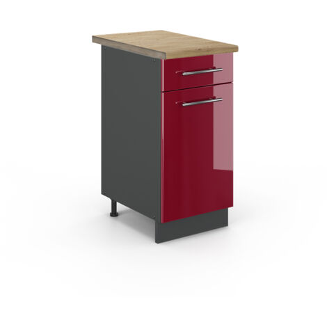 Meuble cuisine Fame-Line, Rouge bordeaux Haute brillance, 40 cm , PT Chêne, Vicco (1/5)