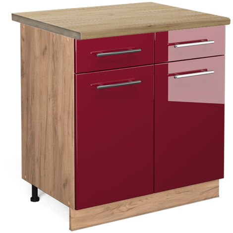 Meuble cuisine Fame-Line, Rouge bordeaux Haute brillance, 80 cm , PT Chêne, Vicco (1/5)