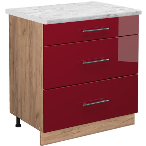 Meuble cuisine Fame-Line, Rouge bordeaux Haute brillance, 80 cm avec 3 tiroirs, PT Marbre, Vicco (1/5)