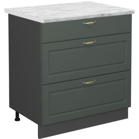 Meuble cuisine Fame-Line, Vert Or Campagne, 80 cm avec 3 tiroirs, PT Marbre, Vicco