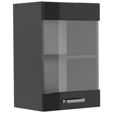 Meuble de cuisine haut vitré R-Line, Noir Haute brillance, 40 cm, Vicco