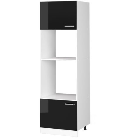 Armoire haute universelle R-Line, Noir Haute brillance, 60 cm avec étagères ouvertes, et portes, Vicco