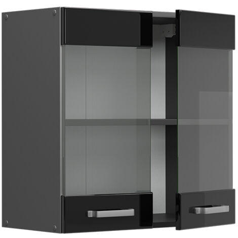Meuble de cuisine haut vitré R-Line, Noir Haute brillance, 60 cm, Vicco