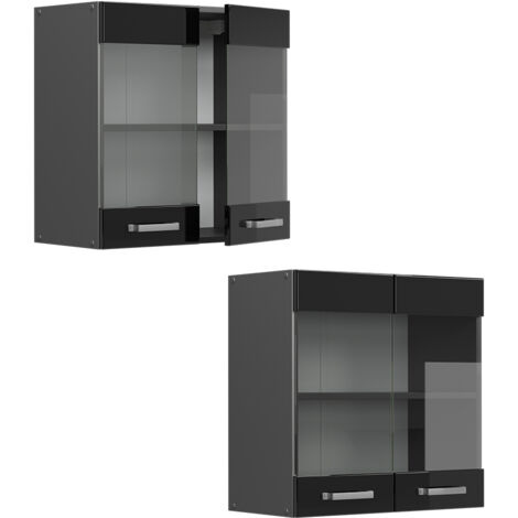 Meuble de cuisine haut vitré R-Line, Noir Haute brillance, 60 cm, Vicco