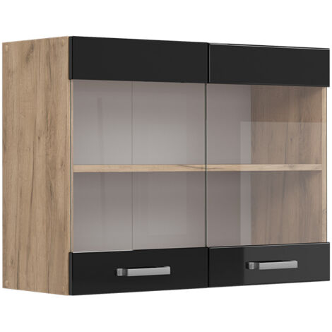 Vicco – Meuble de cuisine haut vitré R-Line – Noir haute brillance – 80 cm L x 60 cm H x 31 cm P – Panneau de particules 16 mm – Étagère fermée (1/5)