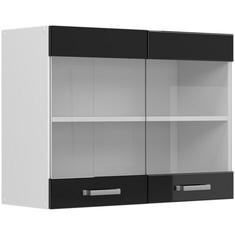 Meuble de cuisine haut vitré R-Line, Noir Haute brillance, 80 cm, Vicco (1/5)