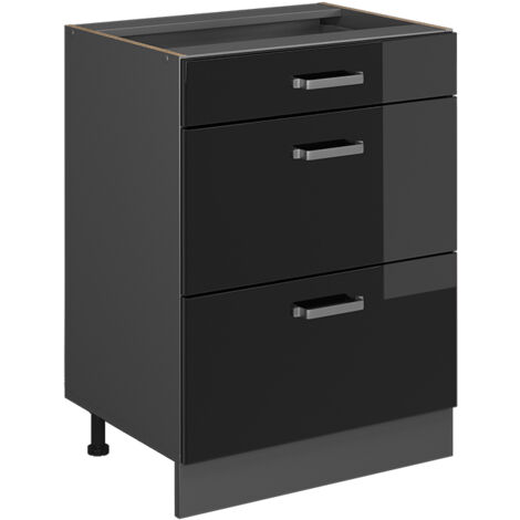 Meuble cuisine R-Line, Noir Haute brillance, 60 cm avec tiroirs, sans plan de travail, Vicco