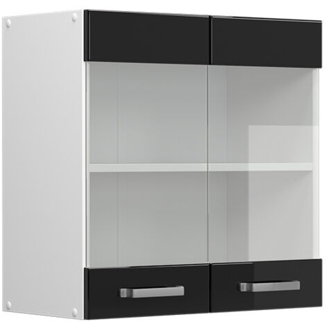 Meuble de cuisine haut vitré R-Line, Noir Haute brillance, 60 cm, Vicco (1/5)