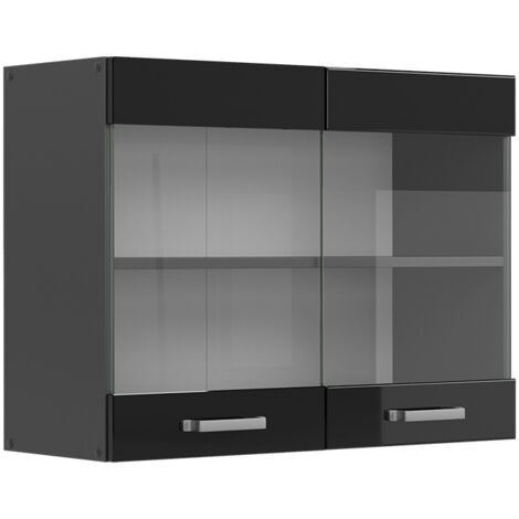 Meuble de cuisine haut vitré R-Line, Noir Haute brillance, 80 cm, Vicco