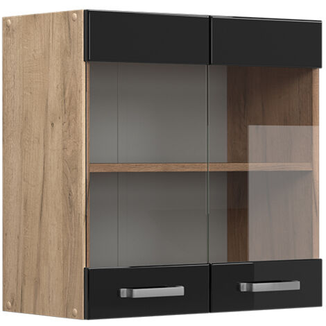 Meuble de cuisine haut vitré R-Line, Noir Haute brillance, 60 cm, Vicco