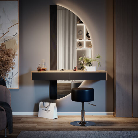 Vicco – Coiffeuse Melisa 120 cm – Éclairage intégré – Tabouret réglable 52-65 cm – Miroir en verre – Panneau mélaminé noir