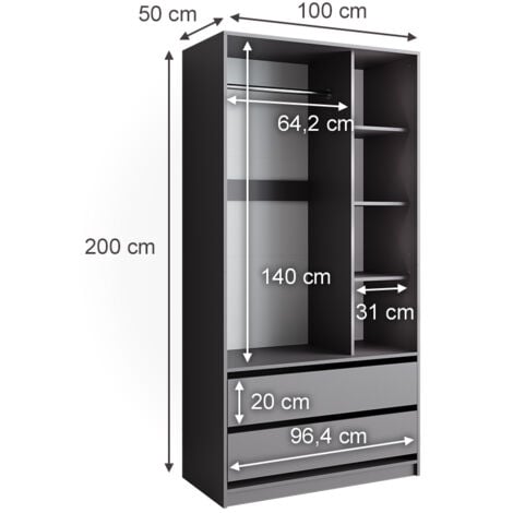 Armoire à vêtements Elmo, Anthracite, 100x200cm avec 2 tiroirs, Vicco