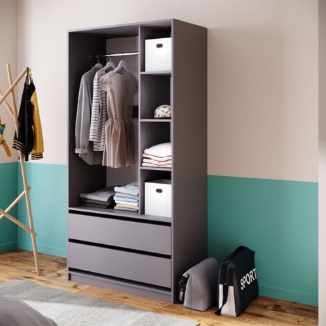 Armoire à vêtements Elmo, Anthracite, 100x200cm avec 2 tiroirs, Vicco