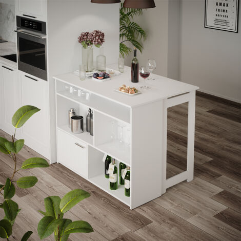 Table De Bar Vicco Blanche Avec étagère Et Compartiments - 117x57x106 Cm, Neuve