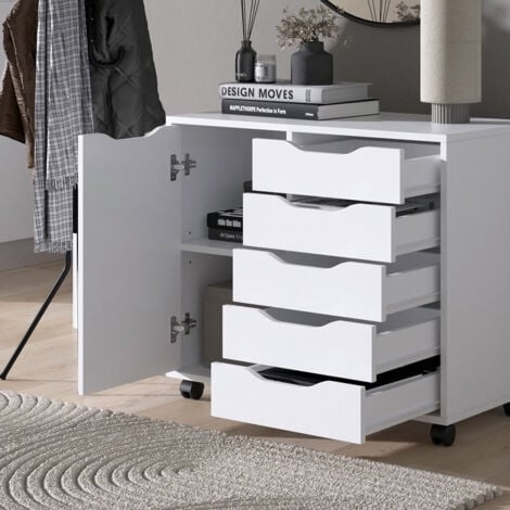 Sideboard Otwin, Blanc, 78 x 61.5 cm avec 5 tiroirs et 1 porte, Vicco
