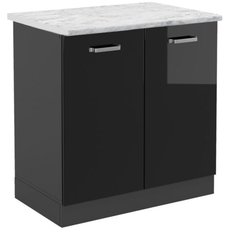 Meuble bas sous-évier R-Line, Noir Haute brillance, 80 cm PT Marbre, Vicco