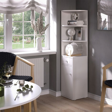 Vicco – Étagère d'angle blanche 30 x 135.5 cm – Panneau de particules 16 mm – Revêtement mélamine – Avec porte et tiroir