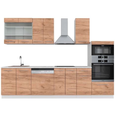 Cuisine Fame-Line, Chêne doré/blanc, 300 cm avec armoire haute, PT Marbre, Vicco