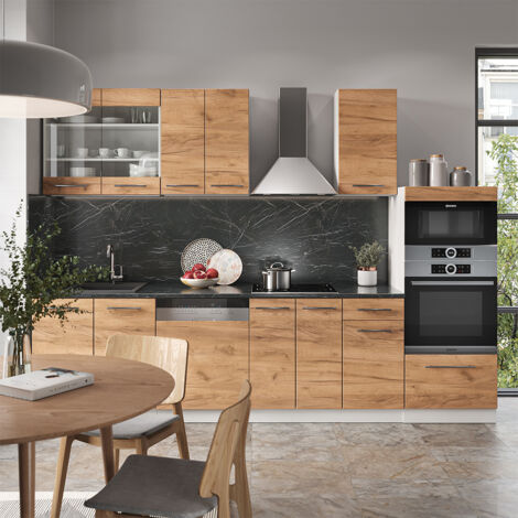 Cuisine Fame-Line, Chêne doré/blanc, 300 cm avec armoire haute, PT Anthracite, Vicco