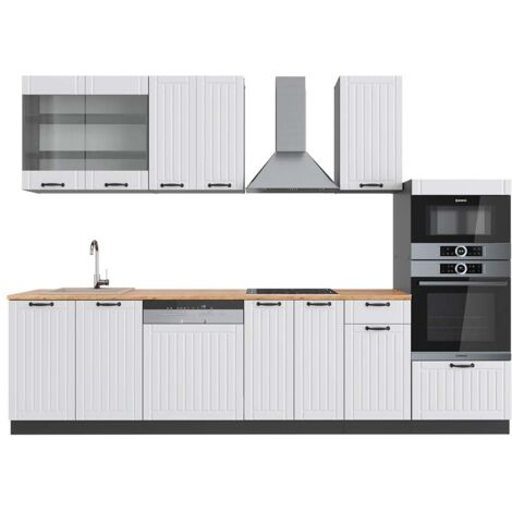 Cuisine Fame-Line, Blanc cottage/anthracite, 300 cm avec armoire haute, PT Chêne, Vicco