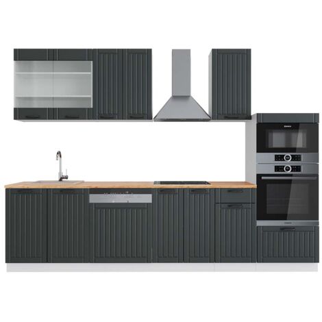 Cuisine Fame-Line, Anthracite maison de campagne/blanc, 300 cm avec armoire haute, PT Chêne, Vicco