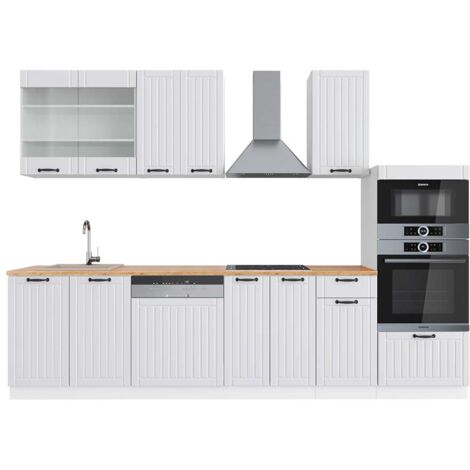 Cuisine Fame-Line, Blanc campagne/blanc, 300 cm avec armoire haute, PT Chêne, Vicco