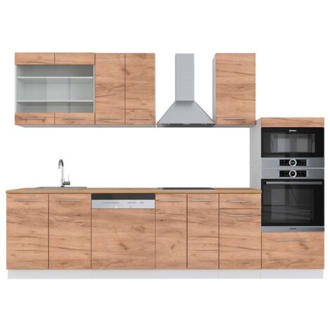 Cuisine Fame-Line, Chêne doré/blanc, 300 cm avec armoire haute, PT Chêne, Vicco